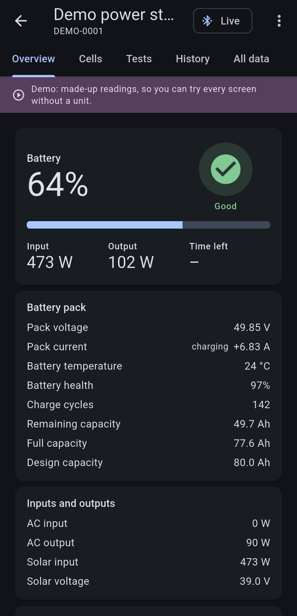 Power King's overview: the charge, with the health check beside it